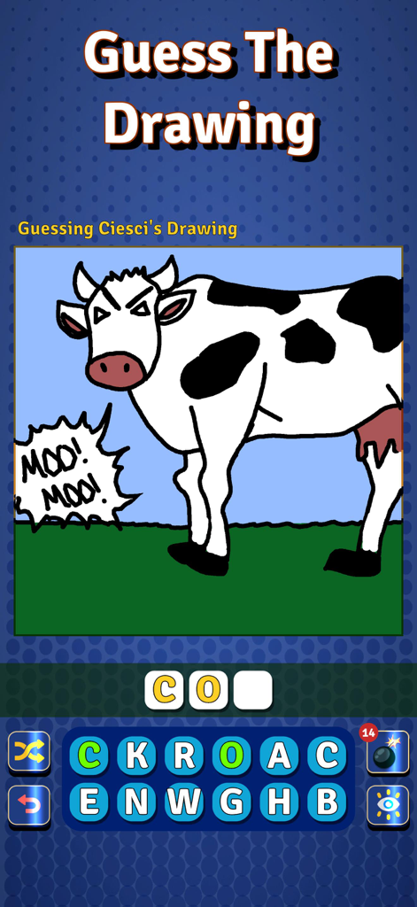 Draw With Buddies Multiplayer - Captura de pantalla del juego que muestra un dibujo de una vaca y la interfaz del rompecabezas de adivinar el dibujo