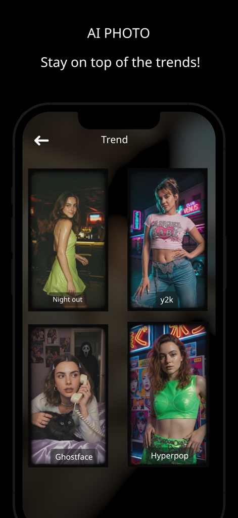 Kimoアプリの様々なAI写真トレンド（Y2Kやハイパーポップスタイルを含む）を表示するインターフェース。