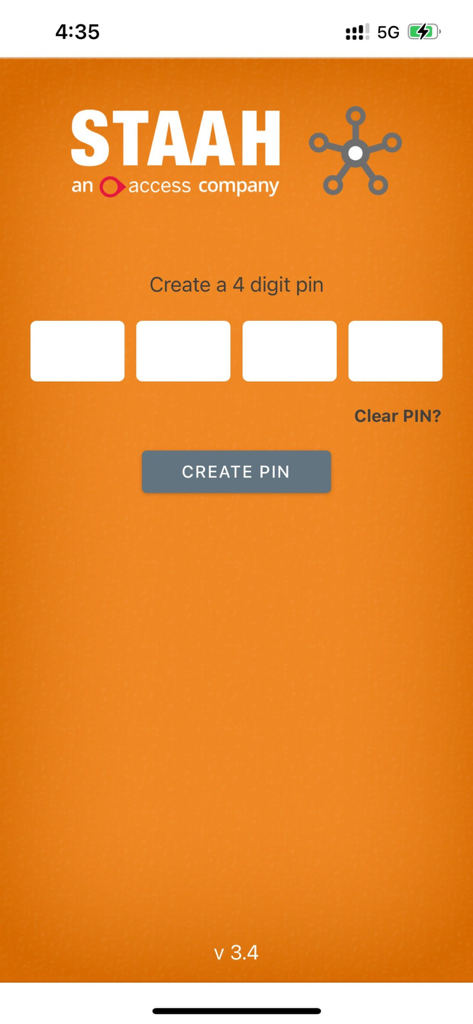STAAH - The security setup screen of the STAAH mobile app asking to create a four digit pin
