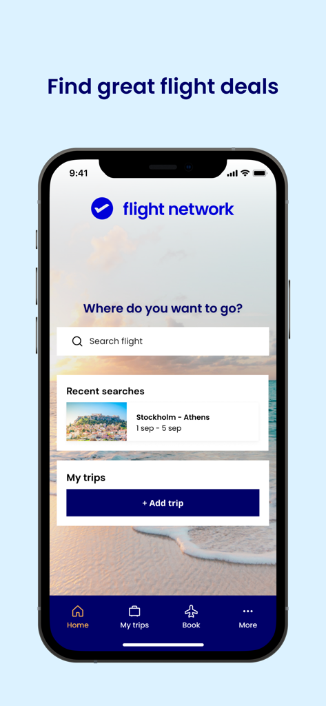 Flightnetwork - フライト検索と旅行管理のためのFlightnetworkアプリのホーム画面インターフェース