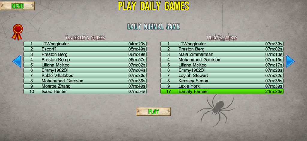 Spider Solitaire 2 HD - Spider Solitaire 2 HD täglicher Spiele Bestenlistenbildschirm mit Spieler-Rankings und Zeiten
