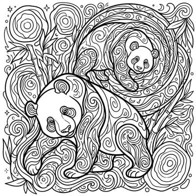 Unleash your creativity with this unique coloring page featuring charming giant pandas nestled within a mesmerizing psychedelic landscape. Intricate swirls and organic patterns promise a truly immersive and relaxing artistic experience.