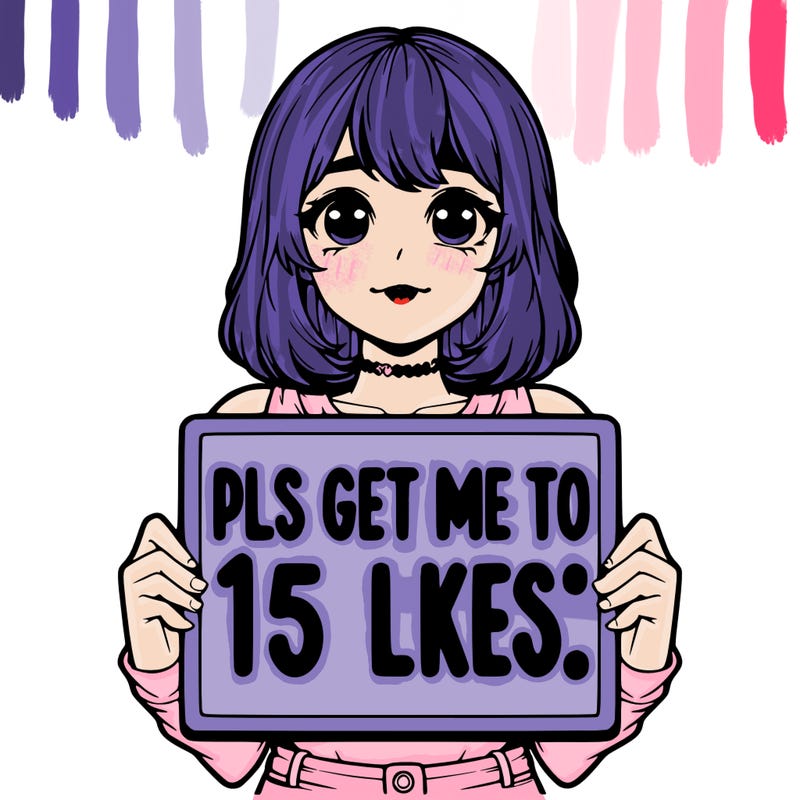 realistic girl holding up a sign that says “pls get me to 15 likes!”