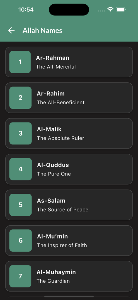 A screen from the MP3 Quran app displaying a list of the 99 names of Allah with English translations and transliterations
