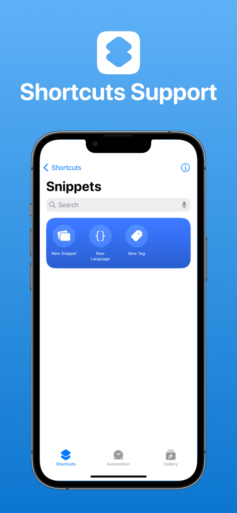 Snippets Studio - Tela do iPhone mostrando a integração do Snippets Studio com o aplicativo Atalhos do iOS para ações rápidas como criar novos trechos.