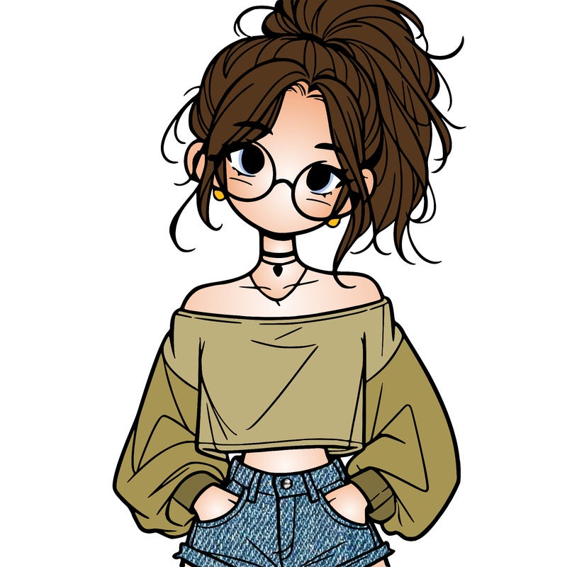 girl with a messy ponytail glasses a baggy crop top and jean shorts