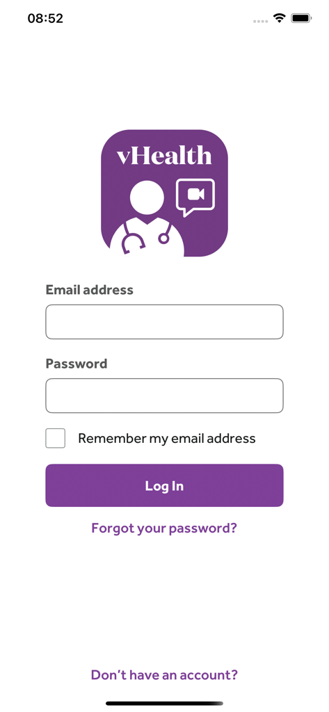 vHealth (Worldwide) - Login screen for the vHealth Worldwide app featuring email and password input fields and a purple log in button