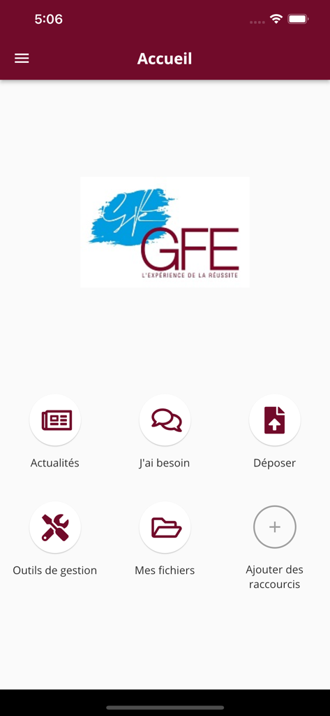 Main dashboard of the Gestion Financiere Ext mobile app showing icons for news document uploads and file management