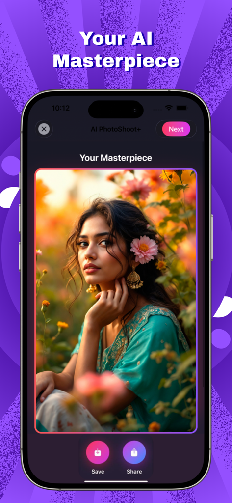 AI PhotoShot+ - Smartphone screen showing an AI edited professional portrait of a woman with floral background