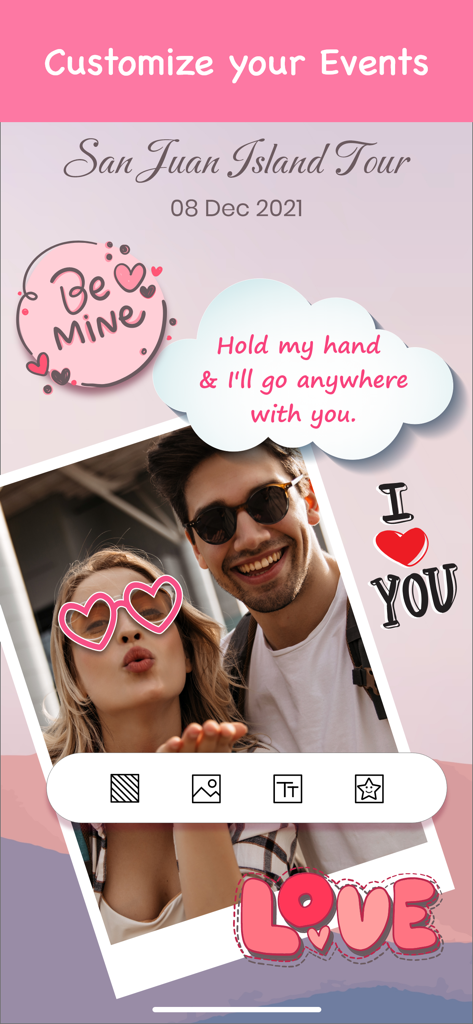 My Love-Relationship Countdown - Interface of the My Love app showing how to customize a relationship event with photos and stickers