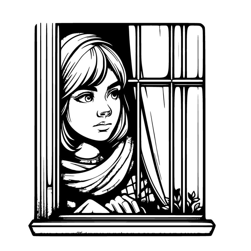 realistic girl looking out of a window