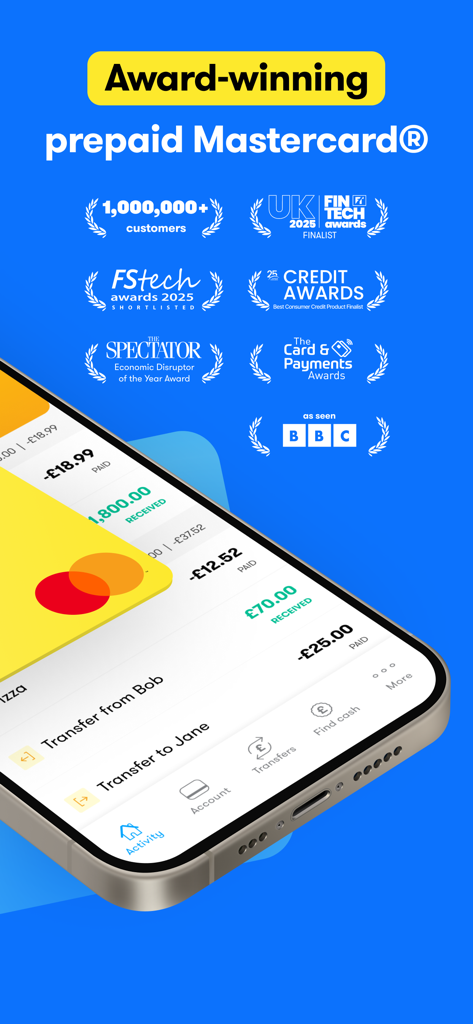 Pockit mobile app showing transaction history and multiple fintech awards.