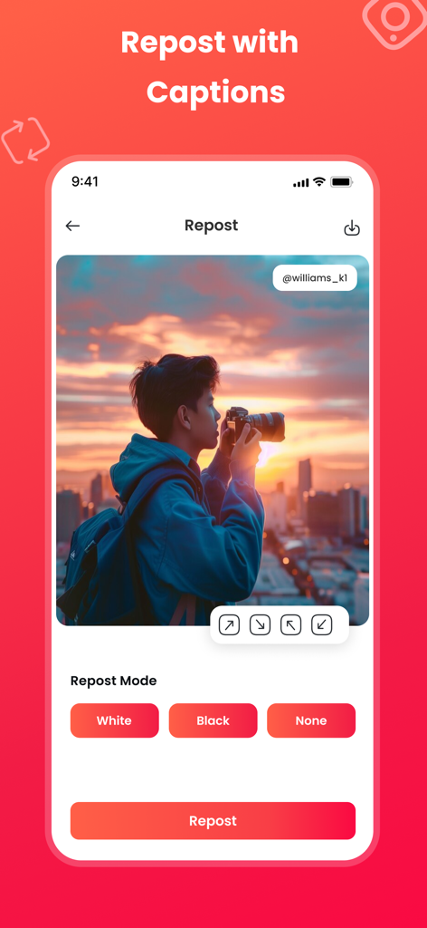 A mobile app interface for reposting Instagram content with options to adjust watermark position and color