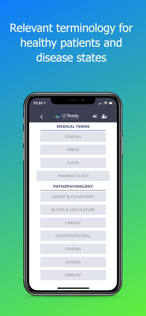 Med Term Review - Med Term Review app interface displaying categorized study topics for medical terminology and pathophysiology.