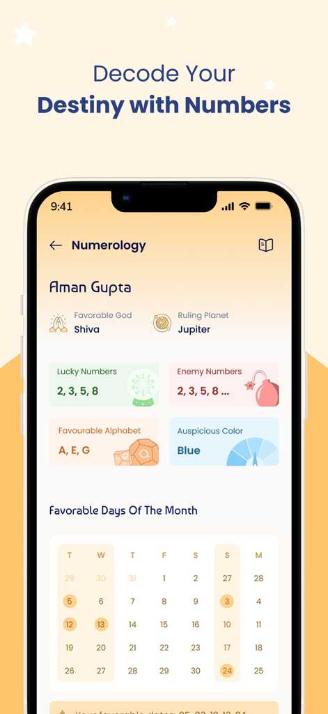 Horocosmo - Talk To Astrologer - Horocosmo mobile app screen displaying personal numerology insights and a calendar of favorable days.