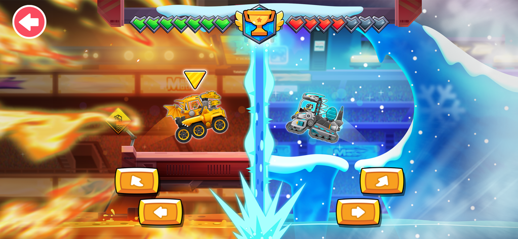 Monster Truck Games kids - Splitscreen-Gameplay einer Feuer- und Eis-Arena in Monstertruck-Spiele für Kinder.