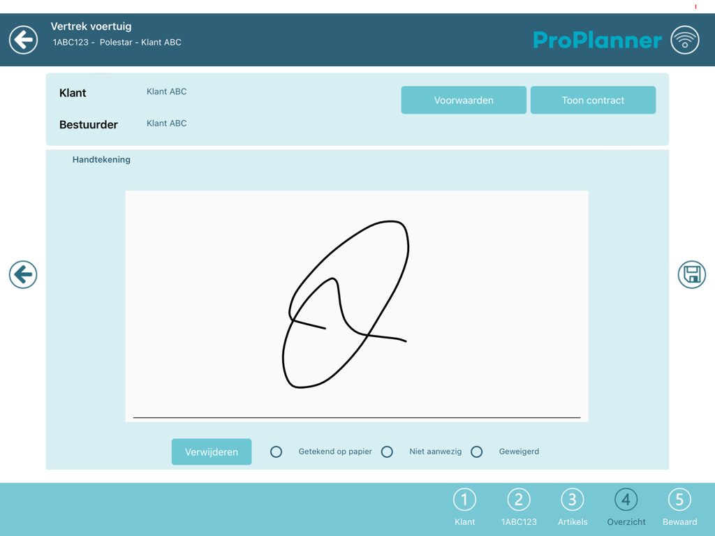ProPlanner - Digital signature interface for vehicle rental contracts in the ProPlanner app