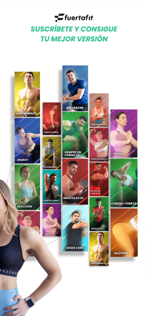 A collage showing various fitness training programs including yoga muscle building and cardio in the Fuertafit app