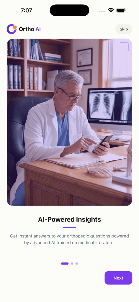 Ortho AI - AIMD - Ortho AI app onboarding screen showing an orthopedic surgeon using a smartphone with the text AI-Powered Insights.