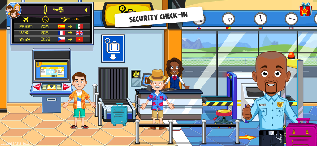 My Town : Airport - Personajes de dibujos animados en un área de control de seguridad de aeropuerto con equipaje y un oficial de seguridad.