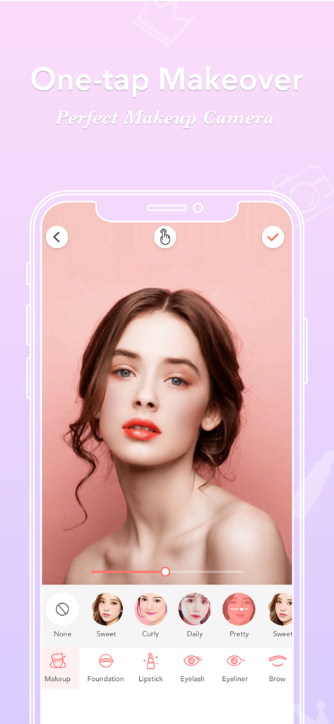 FotoRus -Camera & Photo Editor - Smartphone screen displaying the one tap makeover feature of the FotoRus app with various makeup filters applied to a portrait