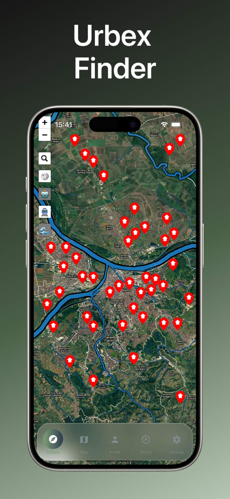Vue satellite de la carte dans l'application Urbex Abandoned World montrant de nombreuses épingles pour des lieux abandonnés