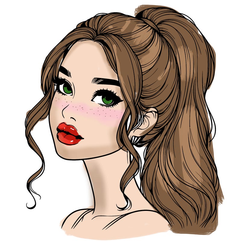 realistic girl with a ponytail on her hair and lips
