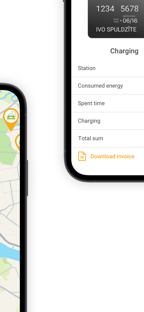 Captures d'écran de l'application mobile montrant une carte de bornes de recharge pour VE et un résumé de session de recharge avec les détails de la facture.