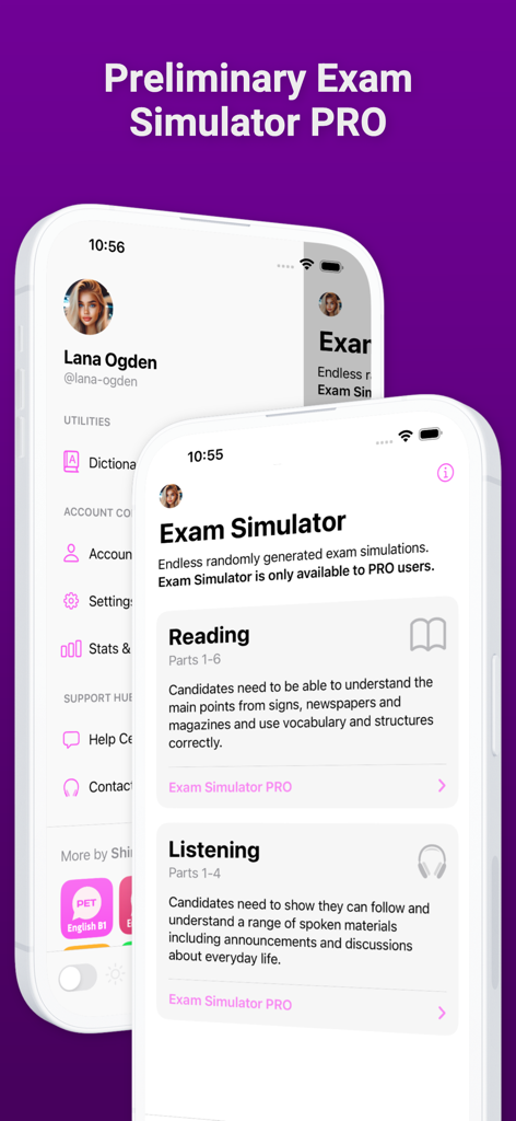 English B1 PET - English B1 PET app interface showing the Preliminary Exam Simulator PRO feature with reading and listening practice sections