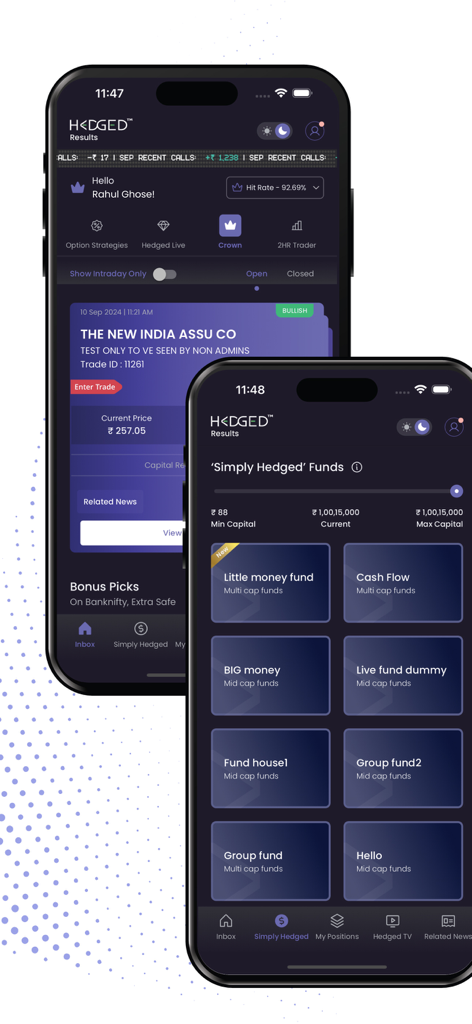 Hedged - Hedged mobile app screens displaying trading alerts and diversified investment fund options