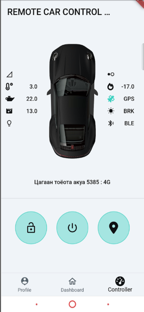 Tableau de bord de contrôle de voiture à distance dans l'application Aslaa montrant l'état du véhicule et les boutons de commande