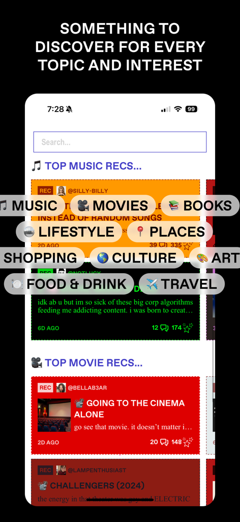FYI app interface displaying various category tags such as music movies and culture with personalized user recommendations