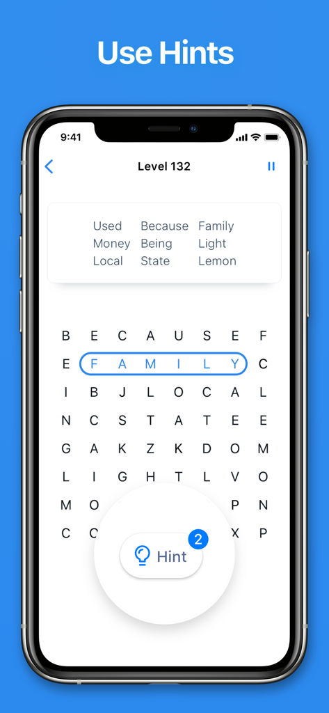 Word Search - Crossword Game - Una interfaz de juego de sopa de letras móvil con un botón de pista y una cuadrícula de letras.