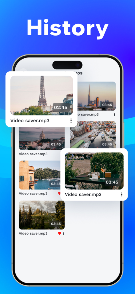 Video Downloader : Download - Smartphone screen displaying a history of saved videos with thumbnails.