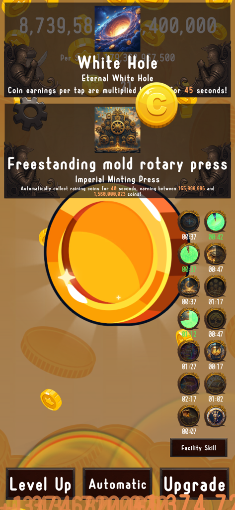 Coin Clicker - Coin Tap Game - Coin Clicker game screen showing active facility skills and coin tapping interface