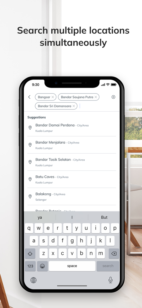iProperty Malaysia - A mobile screen from the iProperty Malaysia app demonstrating the ability to search for properties in multiple locations at once.