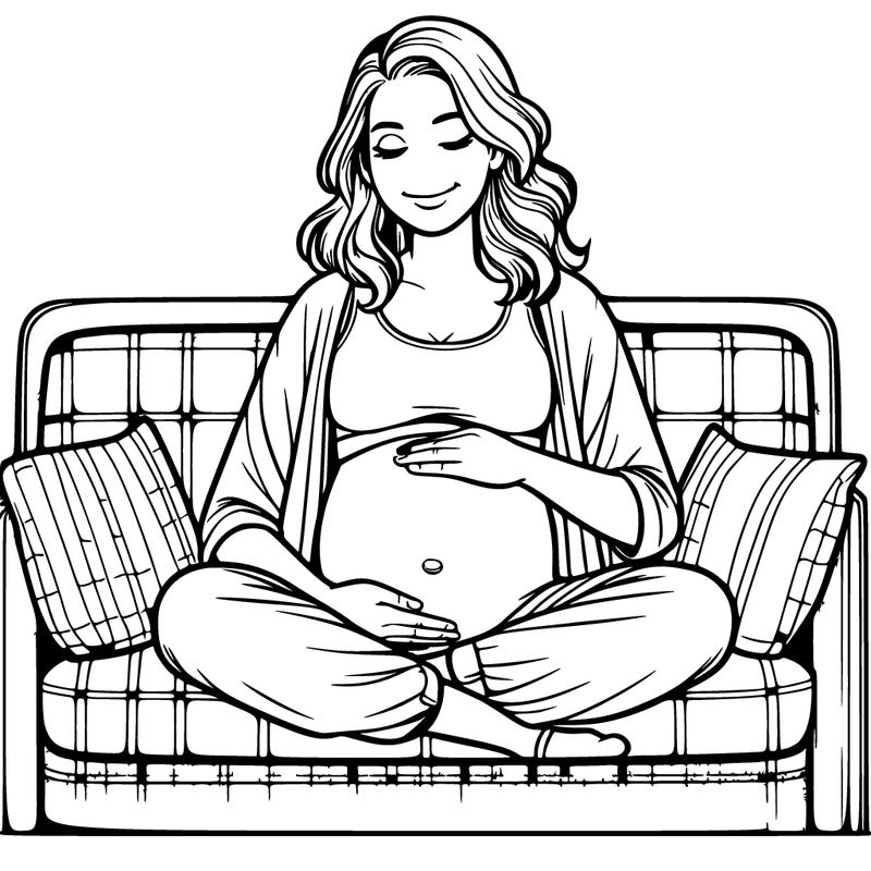 realistic pregnant woman with a big bump and crop top in a sofa