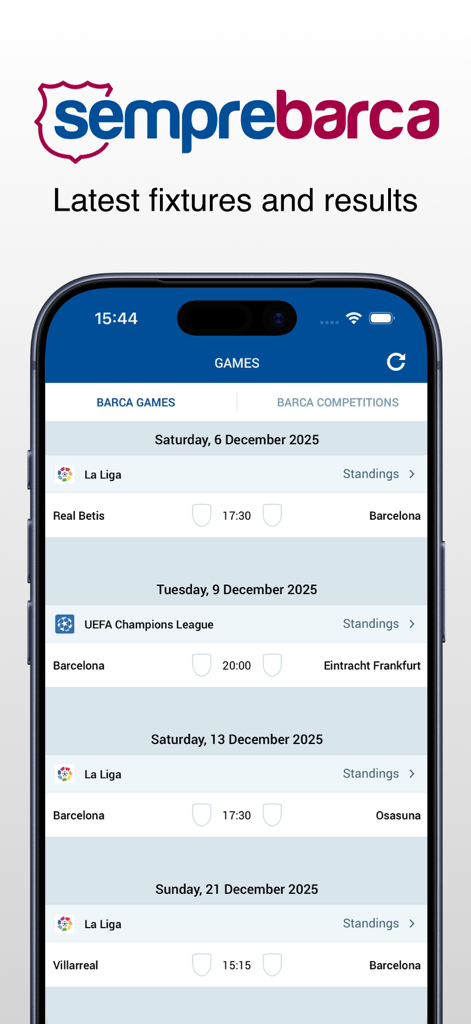 Sempre Barca 앱 인터페이스에 FC 바르셀로나의 예정된 경기 일정과 대회 일정이 표시됩니다.