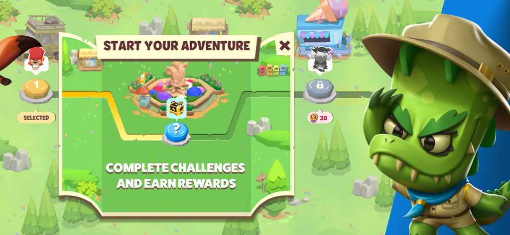 Zooba: Zoo Battle Royale Games - A game screen showing the start your adventure progression map with a green crocodile character and challenge rewards.