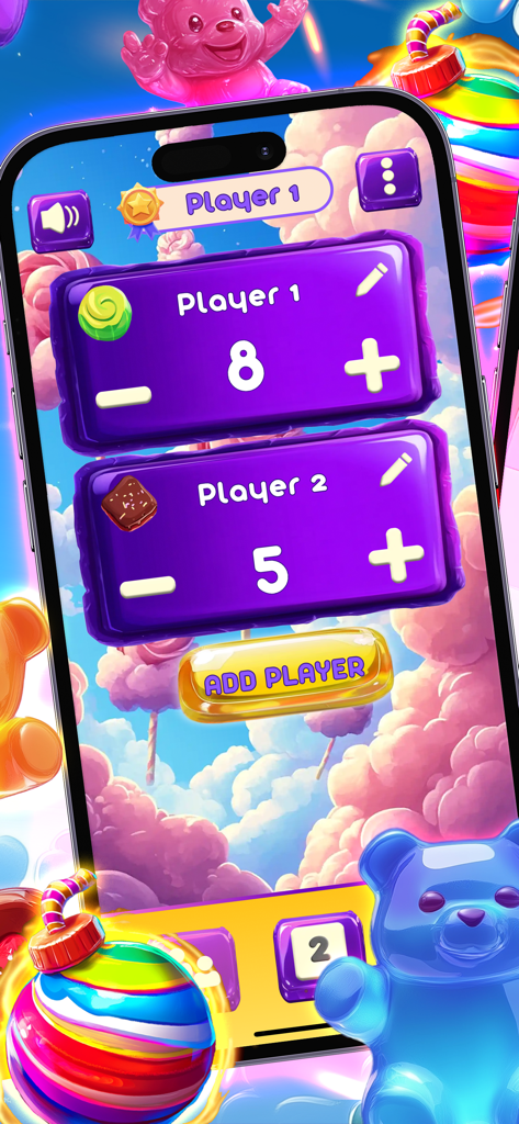 Candy Score app interface for tracking board game player points with a candy theme