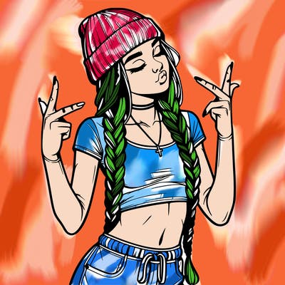 realistic teenage girl with braids and a beanie and crop top doing 🫶🏼