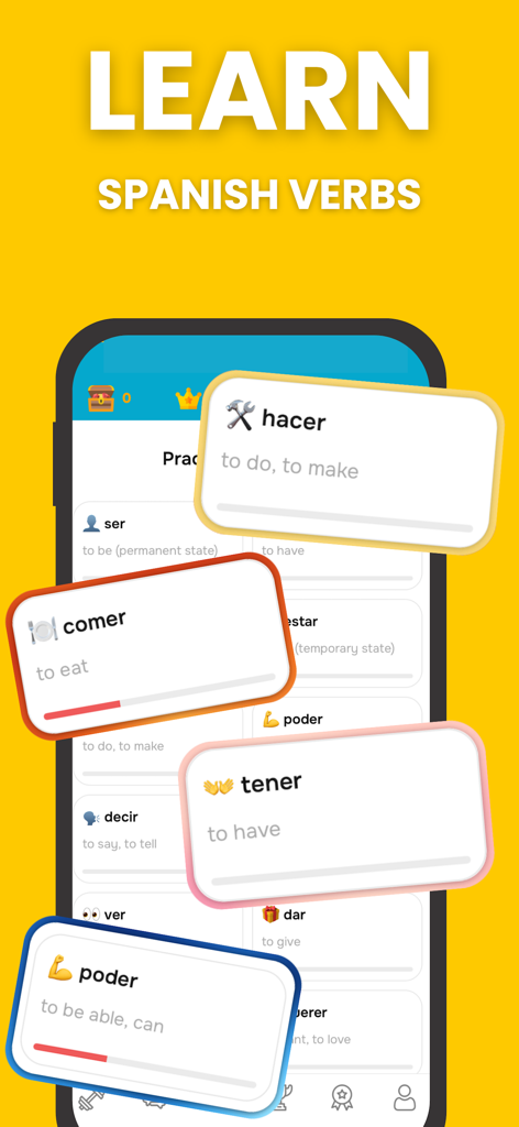 Mobile app screen showing Spanish verb flashcards for learning words like hacer, comer, and tener with English translations.