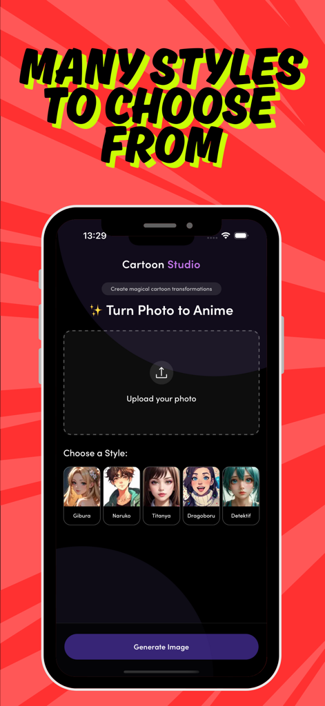 Interface do aplicativo Anime Maker mostrando vários estilos de arte de anime para transformar fotos.