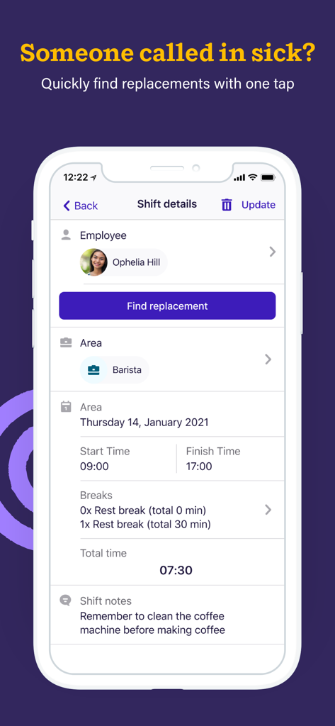 Deputy: Shift Schedule Maker - Interfaz de la aplicación Deputy mostrando el botón de encontrar reemplazo para un turno de barista