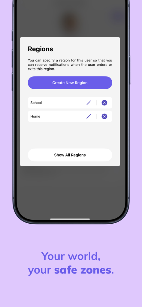 Tracker -Live Location Sharing - Pantalla de la aplicación móvil para crear regiones de geovallas personalizadas como la escuela y el hogar para la seguridad familiar