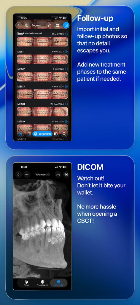 OrthoKit: Orthodontic App - OrthoKit app displaying patient treatment progress photos and a DICOM CBCT 3D scan