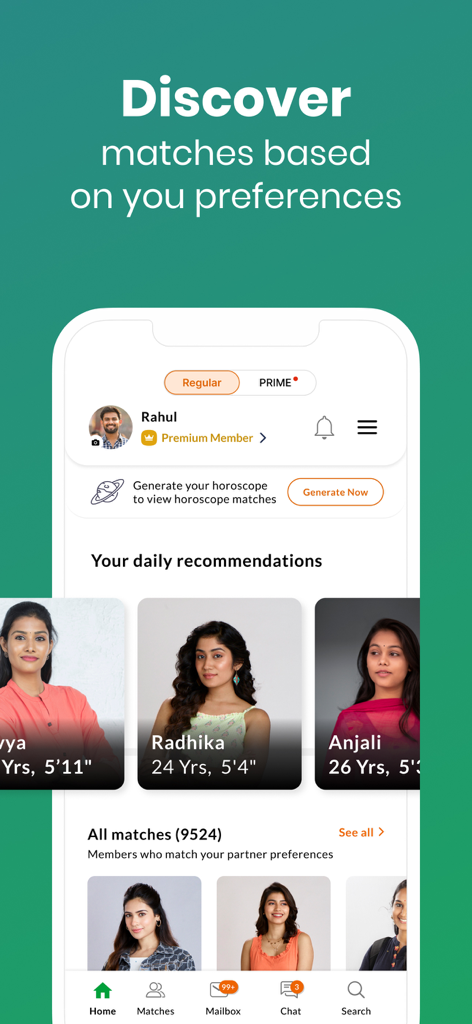 Schnittstelle der Kerala Matrimony App, die tägliche Partnerempfehlungen und personalisierte Profilpräferenzen anzeigt