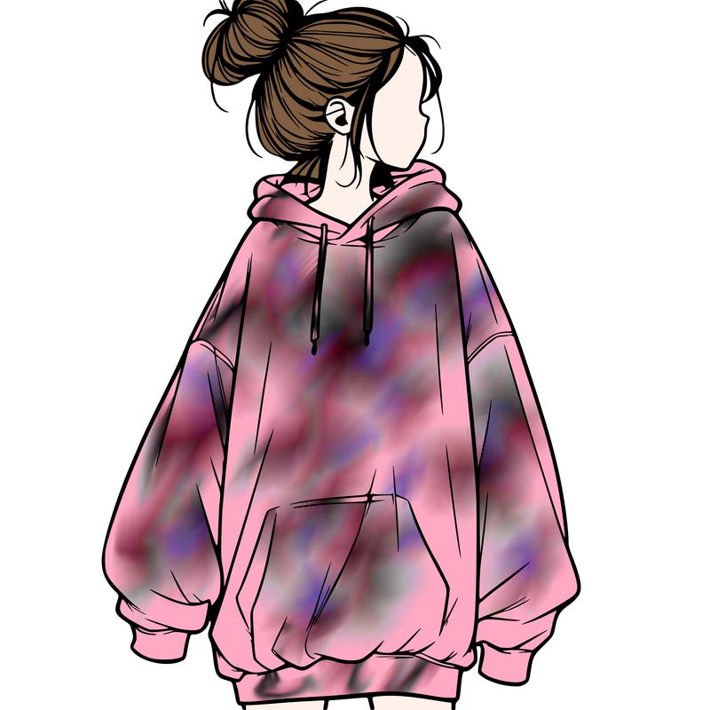 realistic girl with a oversized sweatshirt on and a bun