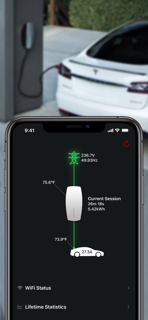 Wall Monitor for Tesla - iPhone screen displaying real-time charging data and temperatures for a Tesla Wall Connector