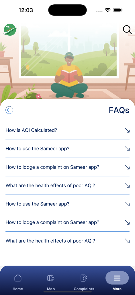 Sameer India's AQI - Sección de preguntas frecuentes de la aplicación Sameer AQI de India con información sobre los cálculos de la calidad del aire y los efectos en la salud